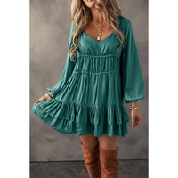 Mist Green Tiered Ruffled Puff Sleeve Loose Fit Mini Dress - S thumbnail
