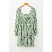 Green Floral Print Square Neck Shirred Waist Tiered Ruffled Mini Dress - L thumbnail