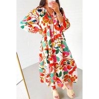 Orange Floral Print Split V Neck Tiered Maxi Dress - L thumbnail