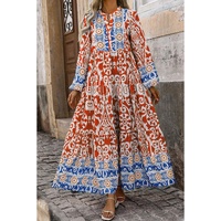 Orange Boho Geometric Printed Long Sleeve Maxi Dress - L thumbnail