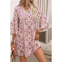 Pink Paisley Print Tiered 3/4 Sleeve Notched Neck Mini Dress - L thumbnail