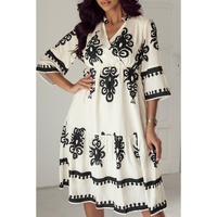 Beige Western Geometric Print 3/4 Sleeve Loose Midi Dress - L thumbnail