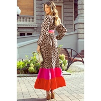 Brown Leopard Color Block V Neck Loose Fit Maxi Dress - L thumbnail