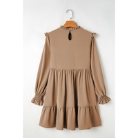 Light French Beige Frilled Collar Ruffled Shoulder Tiered Dress - L thumbnail
