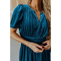 Prussian Blue Velvet Short Sleeve Shirred Waist Tiered Maxi Dress - XL thumbnail