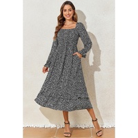 Black Floral Printed Long Sleeve Square Neck Midi Dress - L thumbnail