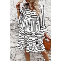 Black Stripe V Neck Bell Sleeve High Waist Mini Dress - M thumbnail