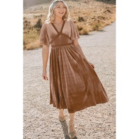 Chestnut Velvet Lacy V Neckline Short Sleeve Empire Waist Flowy Maxi Dress - L thumbnail
