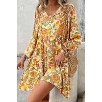 Yellow Cream Floral Print V Neck Puff Sleeve Mini Dress - L thumbnail