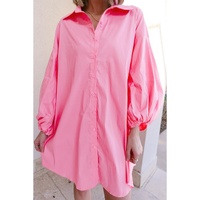 Bright Pink Balloon Sleeve Button Up Mini Shirt Dress - L thumbnail
