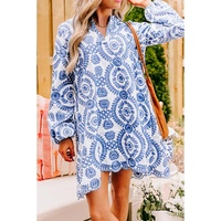 Blue Boho Floral Embroidered Notch V Neck Shift Mini Dress - S thumbnail