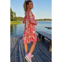 Red Floral Print High Waist V Neck Babydoll Mini Dress - L thumbnail