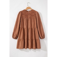 Chestnut Floral Lace Crochet Tiered Ruffled Mini Dress - L thumbnail