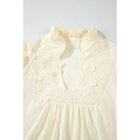 White Floral Textured Bubble Sleeve Frilled Notched Neck Dress - XL thumbnail