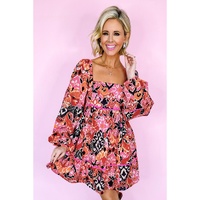 Pink Bohemian Square Neck Puff Sleeve Mini Dress - L thumbnail