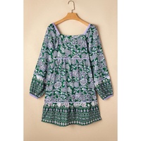 Green Floral Print Piping Trim Bubble Sleeve Square Neck Dress - L thumbnail