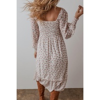White Floral Print Shirred Ruffled Hem Square Neck Midi Dress - L thumbnail