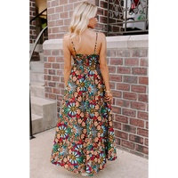 Black Boho Floral Print Thin Straps Sleeveless High Waist Maxi Dress - M thumbnail