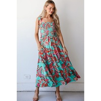 Green Abstract Print Smocked Bodice Knotted Straps Ruffled Maxi Dress - M thumbnail