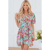 Green Abstract Print Lace-up High Waist Buttoned Mini Dress - S thumbnail