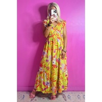 Yellow Cheetah Plant Print Shirred Button V Neck Maxi Dress - L thumbnail