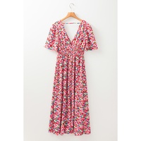 Red Floral Half Sleeve Deep V Neck Cutout Back Split Maxi Dress - L thumbnail