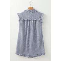 Blue Stripe Frilled Sleeveless Collar Front Pocket Button Up Mini Dress - M thumbnail