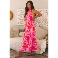 Rose Abstract Printed High Neck Knotted Nape Sleeveless Maxi Dress - L thumbnail