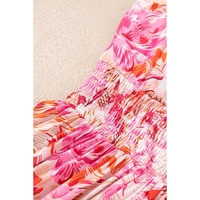 Red Floral Spaghetti Strap Surplice Neck Shirred Waist Mini Dress - L thumbnail