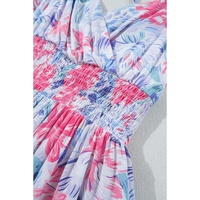 Sky Blue Floral Spaghetti Strap Surplice Neck Shirred Waist Mini Dress - S thumbnail