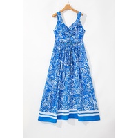Blue Paisley V Neck Crisscross Backless Maxi Dress - L thumbnail