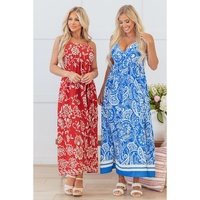 Red Floral Printed Spaghetti Strap Empire Waist Maxi Dress - L thumbnail