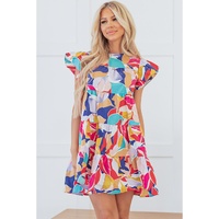 Pink Abstract Printed Ruffled Flutter Sleeve Tiered Mini Dress - L thumbnail