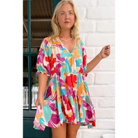 Rose Red Floral Bubble Sleeve V Neck Tiered Ruffle Babydoll Dress - XL thumbnail