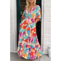 Rose Red Floral Knot Puff Sleeve V Neck Buttoned Front Split Lace Maxi Dress - M thumbnail