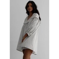 White Stripe Checkered Frilled V Neck Bracelet Sleeve Babydoll Dress - S thumbnail