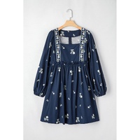 Blue Floral Embroidered Square Neck Puff Sleeve Ruffled Mini Dress - XL thumbnail