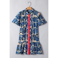 Beige Abstract Print Bubble Sleeve Button up Mini Dress - XL thumbnail
