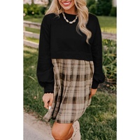 Black Plaid Patchwork High Waist Sweatshirt Mini Dress - M thumbnail
