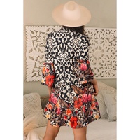 Black Retro Floral Mixed Print Split Neck A-line Dress - M thumbnail