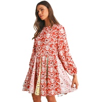 Red Colorful Floral Patchwork Long Sleeve Pleated Mini Dress - L thumbnail