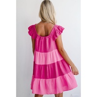 Pink Crinkled Colorblock Patchwork Flutter Tiered Mini Dress - L thumbnail
