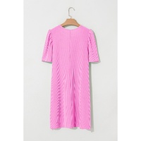 Bright Pink Corded Knit Crew Neck Puff Sleeve Shift Mini Dress - S thumbnail