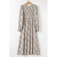 Khaki Maple Grove Floral Smocked Puff Sleeve Long Dress - L thumbnail