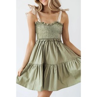 Laurel Green Smocked Bodice Self-tie Straps A-line Ruffled Mini Dress - L thumbnail