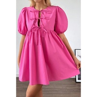 Bright Pink Solid Color Puff Sleeve Tie Front High Waist Mini Dress - S thumbnail