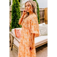 Orange Floral Print Smocked V Neck Wide Sleeve Maxi Dress - L thumbnail