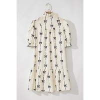 Beige Cute Bowknot Printed Bubble Sleeve V Neck Mini Dress - L thumbnail