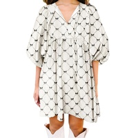 White Bowtie Pattern Textured Puff Half Sleeve Loose Mini Dress - M thumbnail