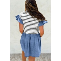 Black Stripe Ruffle Denim Patchwork Round Neck Mini Dress - L thumbnail